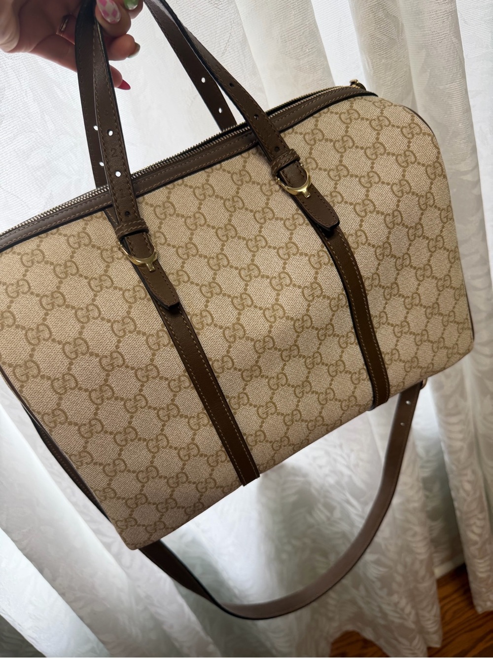 Rare !! Gucci Beige GG supreme canvas boston bag with Brown Leather Trim